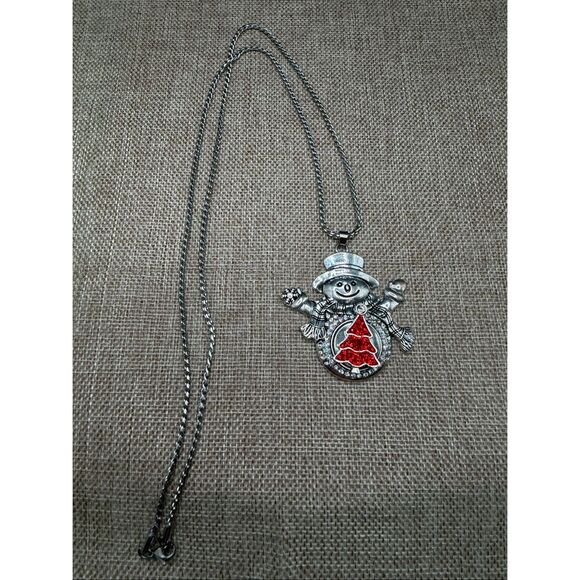 Snowman Pendant Necklace | Holiday Christmas Jewelry with Red Tree Accent - Picture 3 of 8